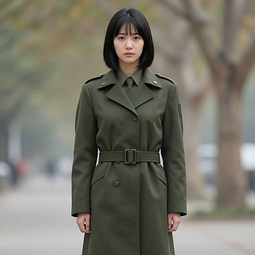 Photograph of an East Asian woman with straight black hair, wearing a dark green military-style coat with a belt, standing in a blurred urban park setting