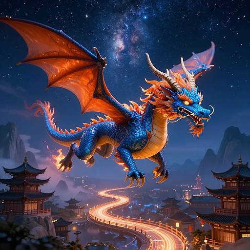 Digital artwork of a blue and orange dragon with glowing scales flying over a glowing, winding road in a starry night sky above traditional Asian pagodas