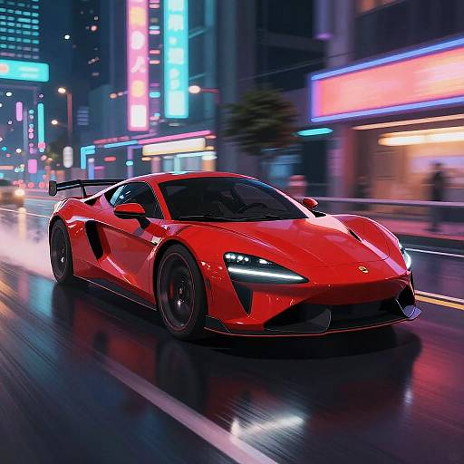 Photorealistic CGI of a sleek, red sports car with glowing headlights speeding through a neon-lit, rainy city night street.