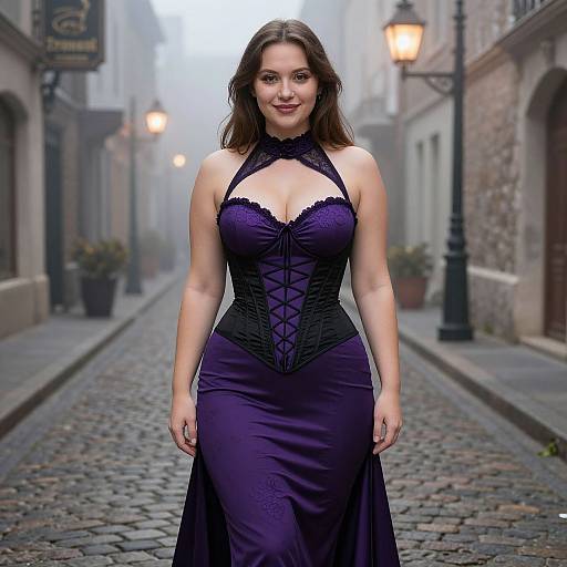 Photograph of a curvy, fair-skinned woman with brown hair in a dark purple, lace-up corset dress, standing confidently on a fog