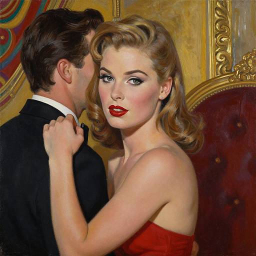 Digital painting of a vintage-style woman with red lipstick, blonde curls, and strapless red dress, kissing a man in a black suit. Background features