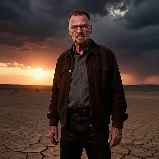 Photograph of an older man with glasses, gray hair, and beard, wearing a black shirt and jacket, standing in a cracked desert at sunset with