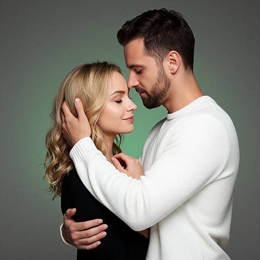 Photograph of a loving couple in a tender embrace; man in white sweater, woman in black, both gazing at each other, green gradient background