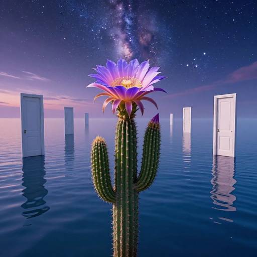 Digital artwork of a glowing purple flower on a cactus in a surreal, starry night sea with floating white doors.