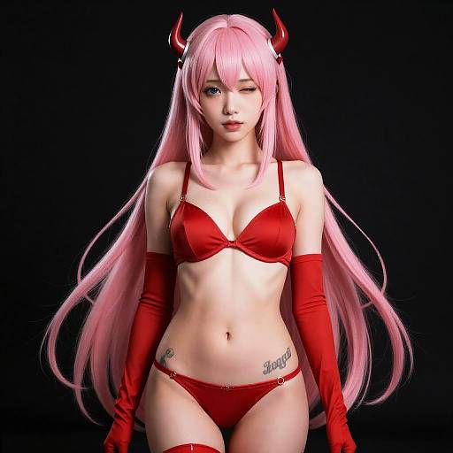 Cosplay of Zero Two with Red Horns and Lingerie