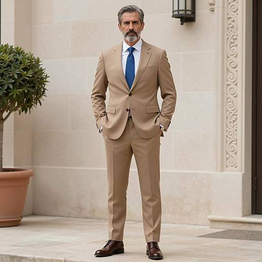 Middle-aged Man in Tan Suit Outdoors