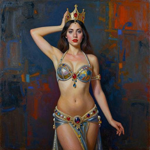 Digital painting of a dark-haired woman with fair skin, wearing a gold crown, silver bikini adorned with jewels, and sheer skirt, against a dark,