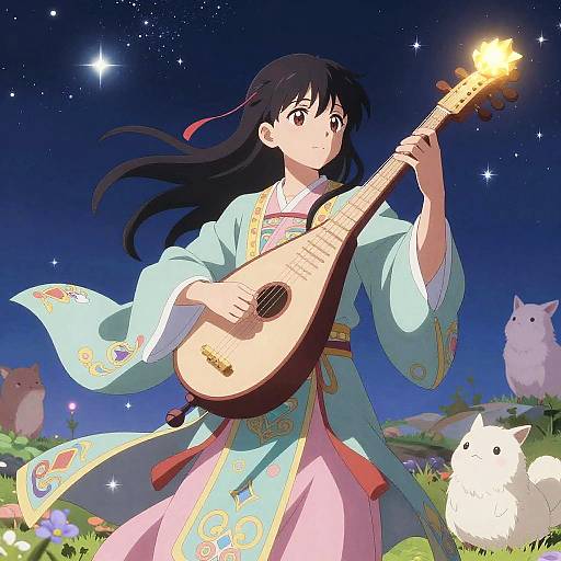 Anime-style drawing of a black-haired girl in a blue kimono playing a koto under a starry night sky with two cute cats.