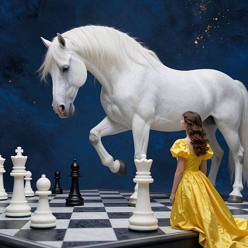Photorealistic digital art: A white horse with flowing mane stands on a chessboard, facing a brunette woman in a yellow dress kneeling among large chess