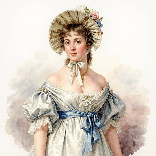 Digital painting of a refined 18th-century woman in a white, off-shoulder dress with blue ribbon, and a wide-brimmed hat