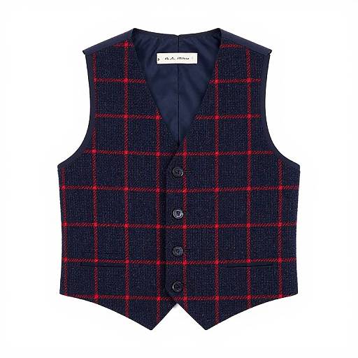 Photograph of a sleeveless, black and red plaid checkered vest with three buttons, laid flat against a white background.