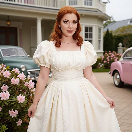 Photograph of a fair-skinned red-haired woman in a vintage white puffed-sleeve dress, standing in front of a classic house with pink