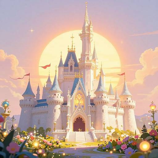 Digital illustration of a radiant, fairy-tale castle at sunset, surrounded by vibrant flowers, with a glowing sun behind it.