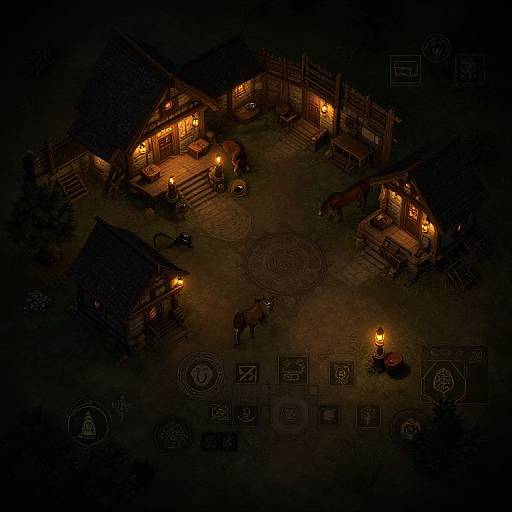 Aerial night photograph of a warmly lit, rustic wooden cabin with glowing lanterns, surrounded by furniture and a circular stone pattern on the ground.