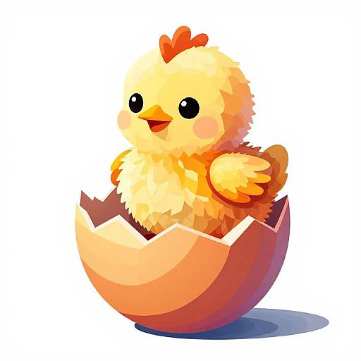 Cute, cartoon-style digital drawing of a fluffy yellow chick with black eyes and a red comb, sitting happily in a broken, orange eggshell on