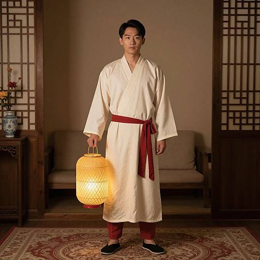 Photograph of an Asian man in a white traditional kimono with red belt, holding a glowing paper lantern, standing in a dimly-lit room