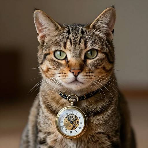 Photograph of a tabby cat with green eyes wearing a black collar and a vintage pocket watch around its neck.