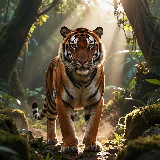 Vigilant Male Tiger in Lush Jungle Ruins at Dawn