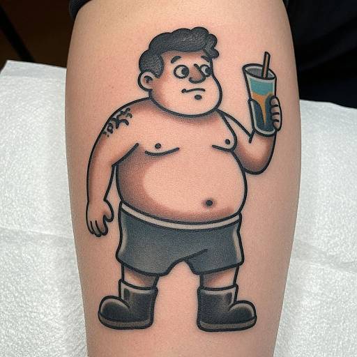 Tattoo of a chubby, shirtless man with black hair, shorts, and boots, holding a drink, on a human calf. Black ink