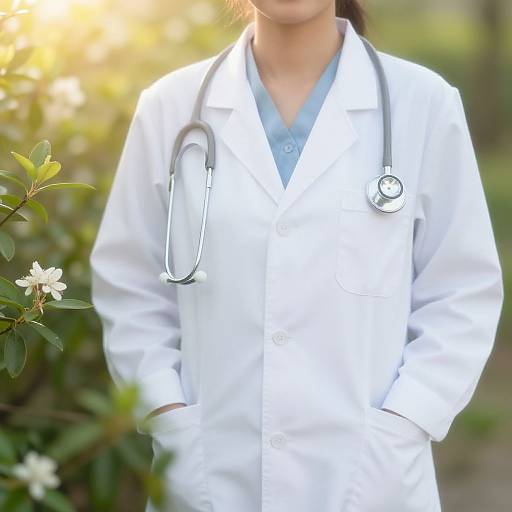 Photograph of a female doctor in a white lab coat, stethoscope around neck, hands in pockets, standing outdoors with greenery and white flowers