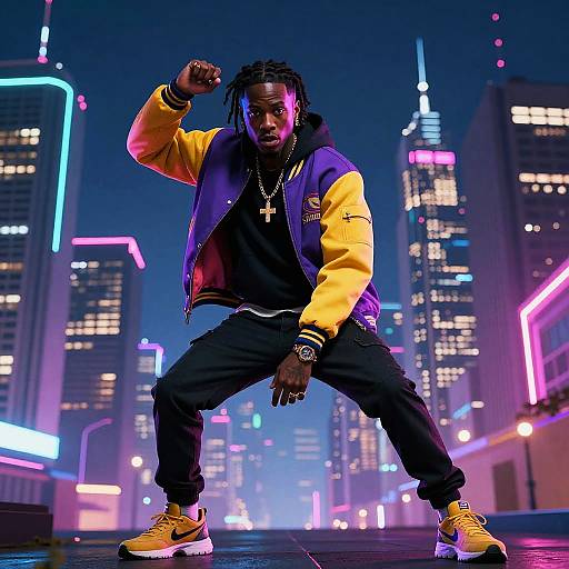 Photorealistic digital artwork of a Black man with dreadlocks, wearing a yellow and purple varsity jacket, black hoodie, and yellow sneakers, striking