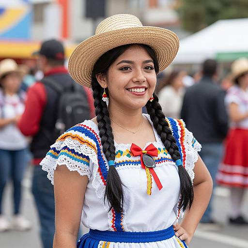 Photograph of a smiling young Latina woman with long braids, wearing a straw hat, white embroidered dress with rainbow and red ribbon, standing in a
