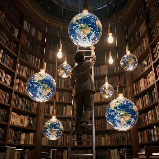 Photograph of a man in a dark suit climbing a ladder, reaching for a glowing, suspended Earth globe in a library filled with bookshelves.