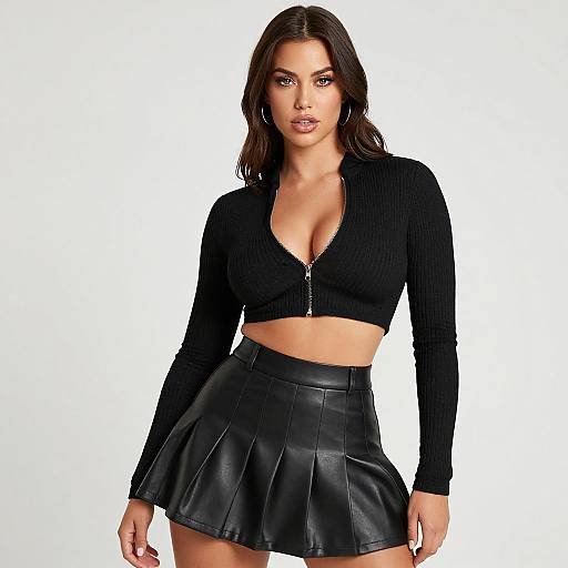 Photograph of a confident woman with dark hair, wearing a black, ribbed, zip-front crop top and a black leather skirt. White background.