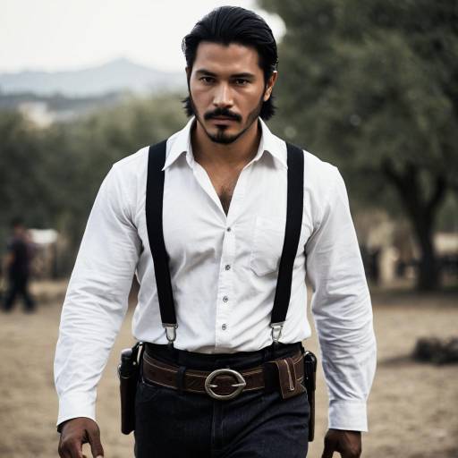Asian Man in White Shirt with Suspenders Outdoors