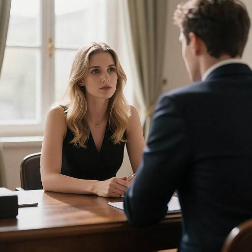 Sunlit Office Meeting with Serious Woman