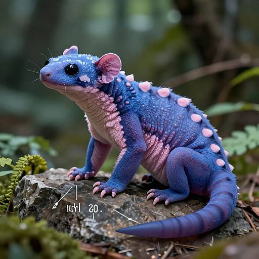 Photorealistic CGI of a blue, spiky, pink-accented, fantasy creature with glowing spots, sitting on a mossy rock in a