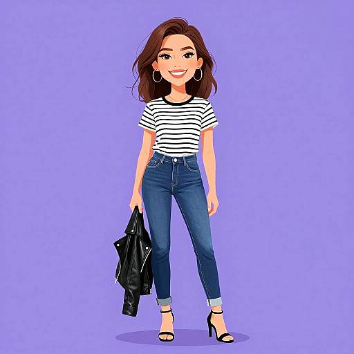 Digital illustration of a smiling woman with brown hair, wearing a striped shirt, blue jeans, black heels, and holding a leather jacket, against a solid