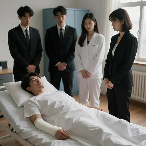 Somber Bedside Scene with Attendants
