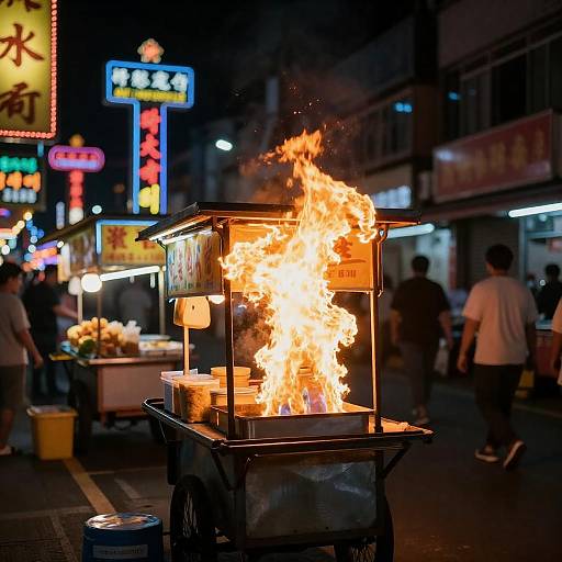 Nighttime Street Vendor with Flames and Neon Signs