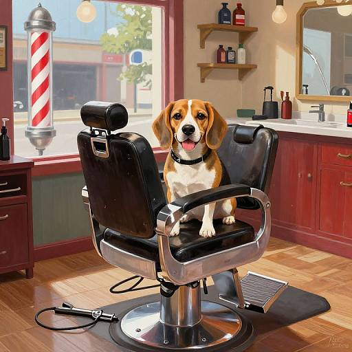 Digital painting of a cute Beagle dog sitting in a black leather barber chair in a bright, sunlit red-walled salon.