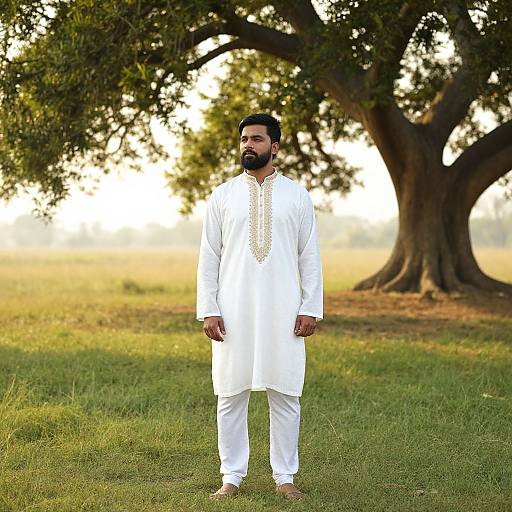 Photograph of a bearded South Asian man in white traditional kurta and pants standing in a grassy field with a large tree in the background.