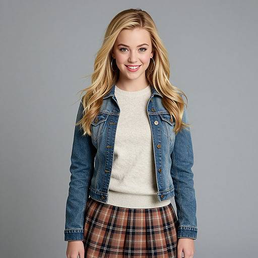 Photograph of a smiling blonde woman with wavy hair, wearing a denim jacket, white sweater, and plaid skirt, standing against a plain gray