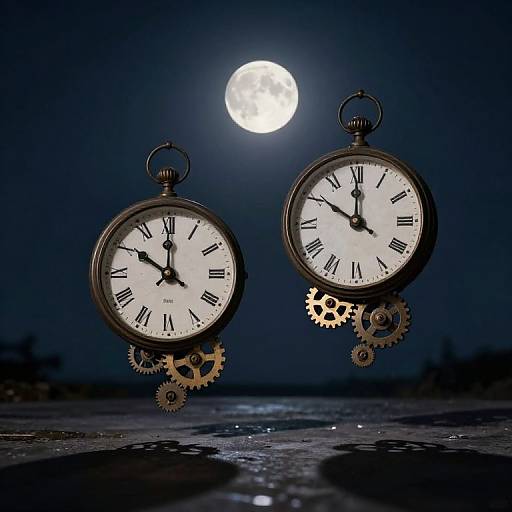 Photograph of two floating vintage pocket watches with gears, against a dark night sky, full moon, and reflective ground.