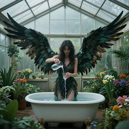 Photograph-style digital art of a dark-haired woman with black feathered wings, pouring water from a pitcher into a white bathtub in a lush greenhouse filled