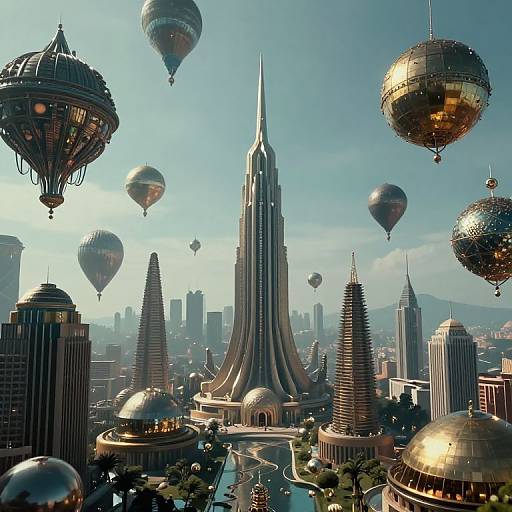 Photorealistic CGI of a futuristic city with towering, sleek skyscrapers and floating, spherical airships under a blue sky.