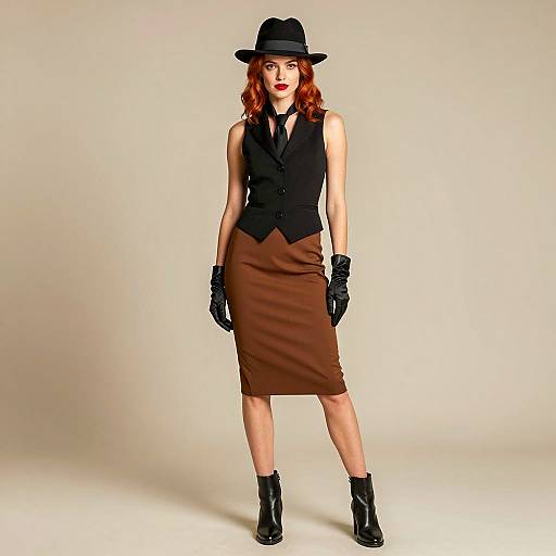 Vintage Style Woman in Brown Dress and Black Vest
