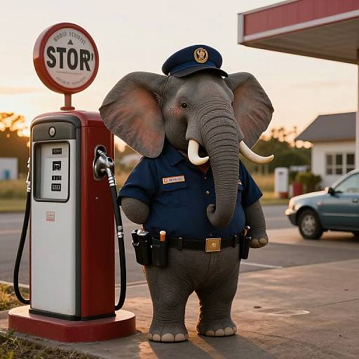 Photograph of an anthropomorphic grey elephant wearing a blue police uniform and cap, standing beside a red gas pump labeled 