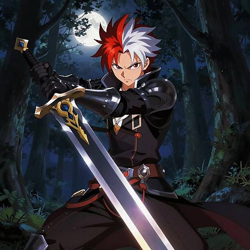 Digital anime-style drawing of a fierce young man with red and white spiky hair, dual-colored, wielding a glowing sword in a dark, moonlit