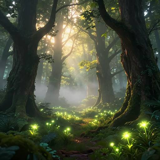 Photorealistic digital artwork of a mystical forest at dawn, illuminated by ethereal green glowing mushrooms and sunbeams filtering through towering trees, surrounded by