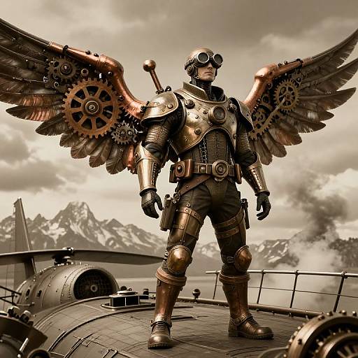 Steampunk angel with bronze armor and copper wings stands confidently on a ship deck, with mountains and clouds in the background. Digital artwork.