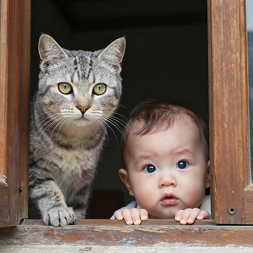 Adorable Baby and Gray Tabby Cat