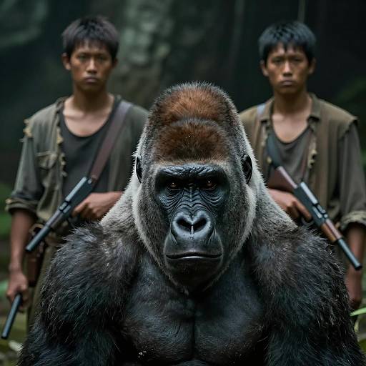 Intense Gorilla and Determined Humans Scene