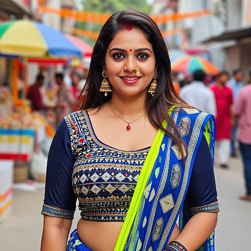 Photograph of a smiling Indian woman with dark hair, wearing a blue and yellow patterned sari, black embroidered top, gold jewelry, and red