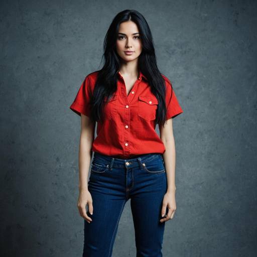 Young Woman in Red Shirt and Blue Jeans