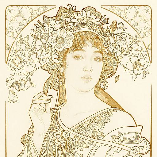 Intricate line art of a woman with a floral headpiece, wearing a detailed kimono, holding a flower, surrounded by floral patterns. Sep